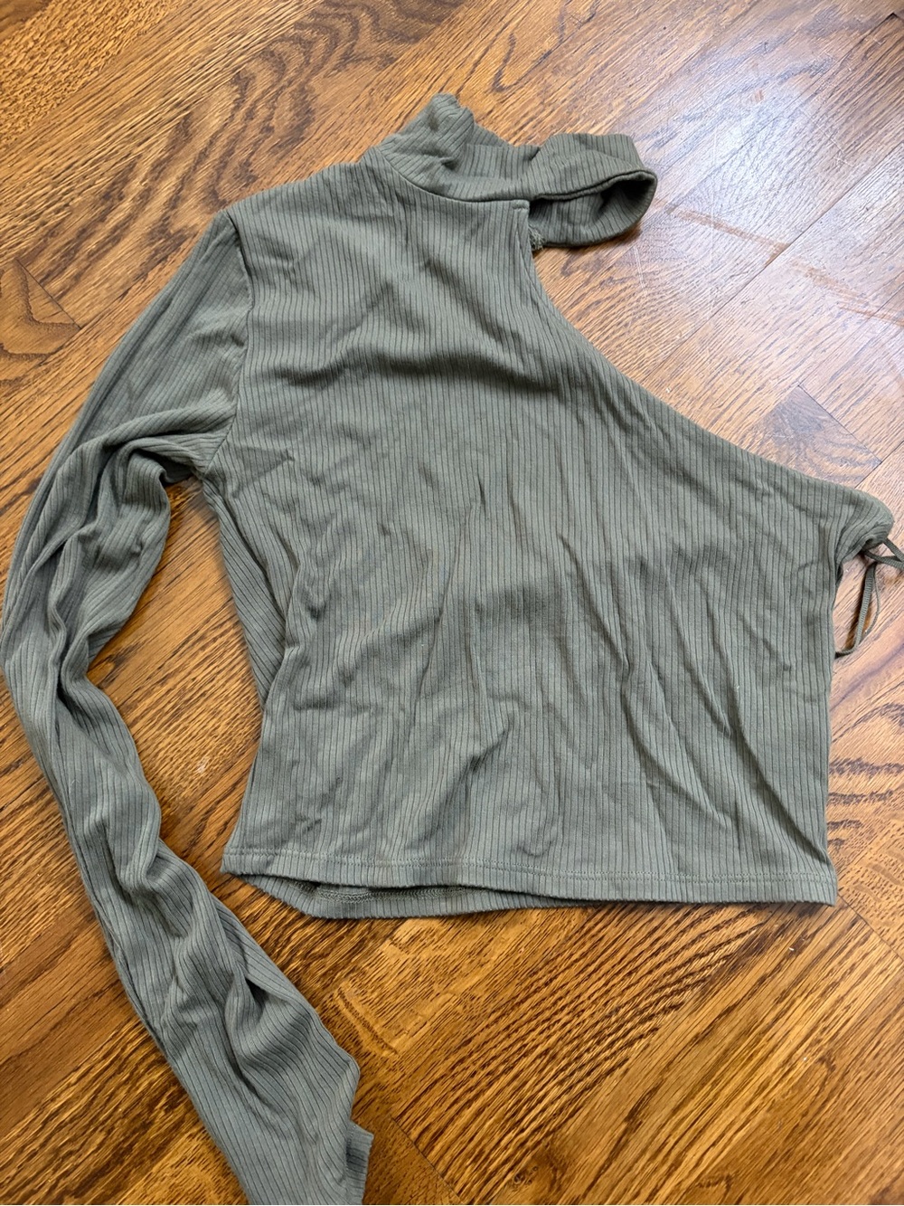 Garage Olive Asymmetric One-Shoulder Ribbed Long Sleeve Top